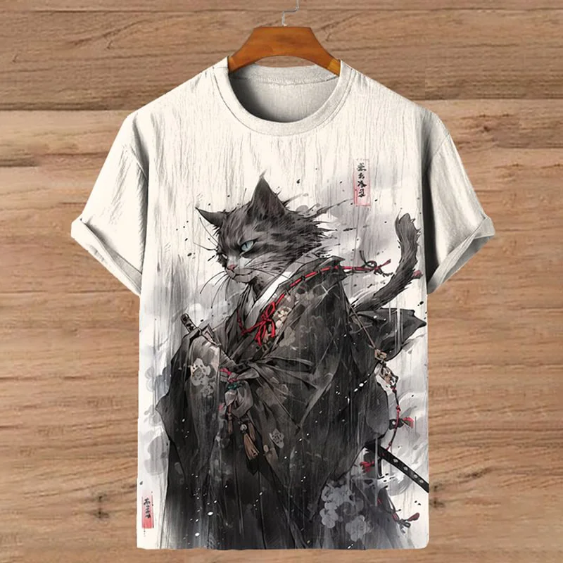 Vintage Japan Cat Kimono Samurai Ink Art Print Casual T-Shirt