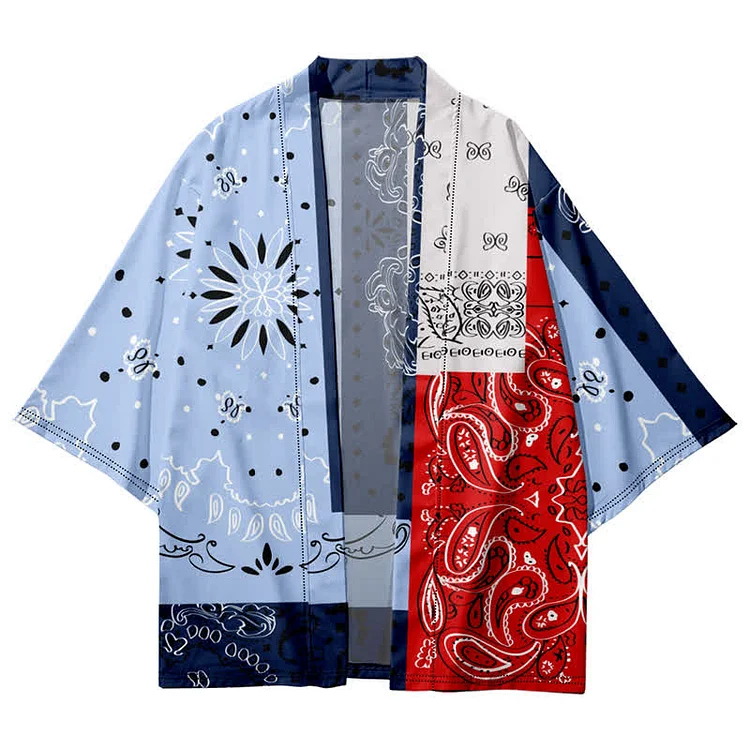 Colorblock Vintage Print Loose Cardigan Kimono Outerwear - Modakawa modakawa