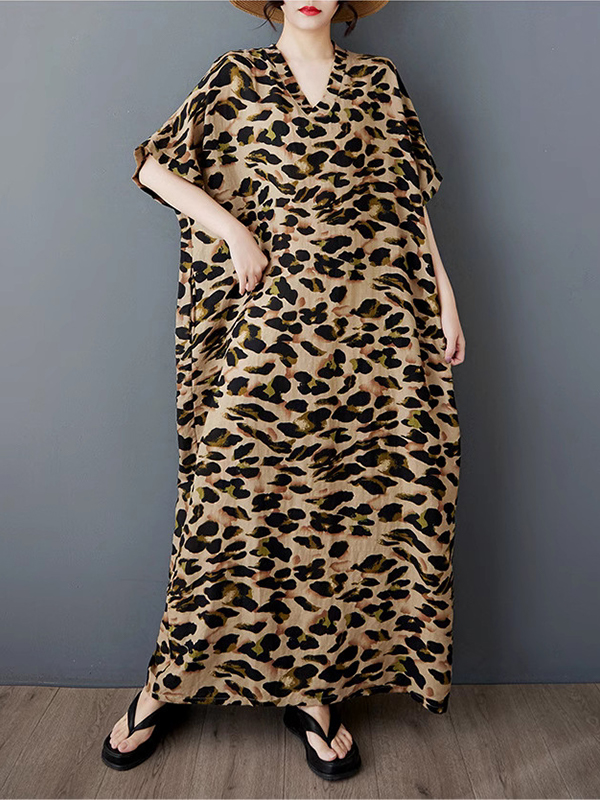 Leopard Print V Neck Short Sleeve Loose Maxi Dress