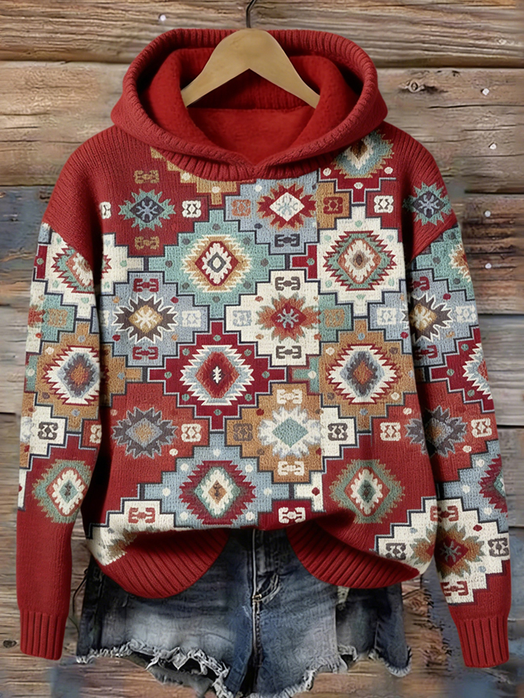 Vintage Western Ethnic Pattern Cozy Knit Hooded Sweater wearshes