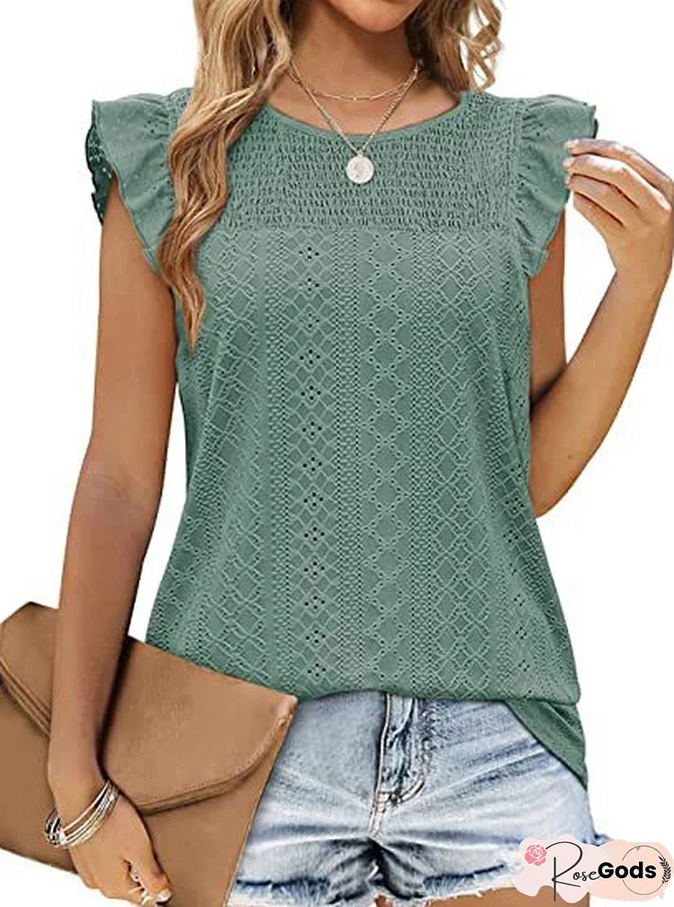 Casual Round Neck Solid Color Stitching Lace Short Sleeves Blouse