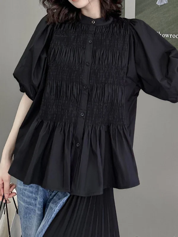 Solid Color Pleated Short Sleeves Puff Sleeves Round-Neck Blouses&Shirts Tops