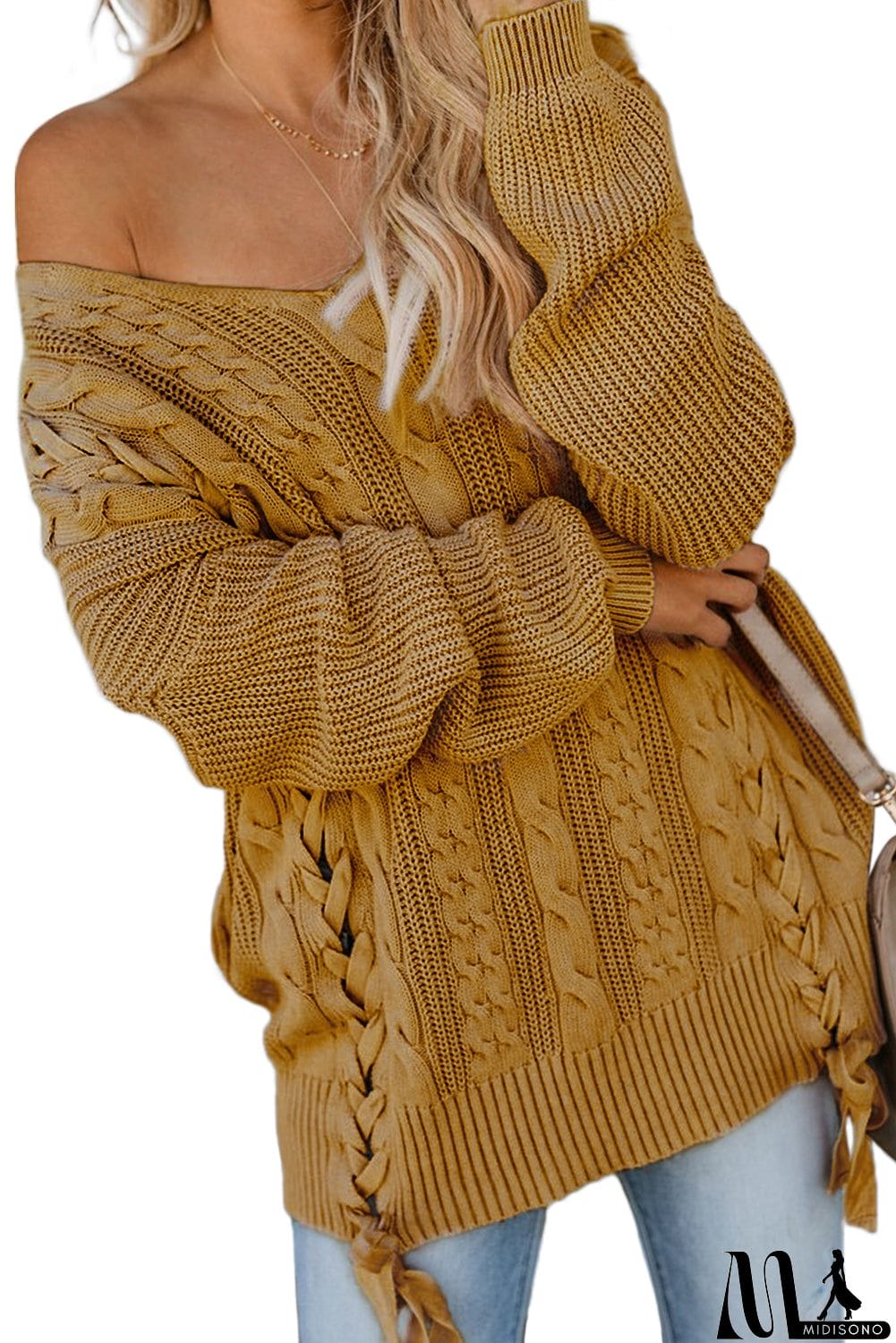 MidiSono - Love Letters Cable Knit Lace Up Sweater