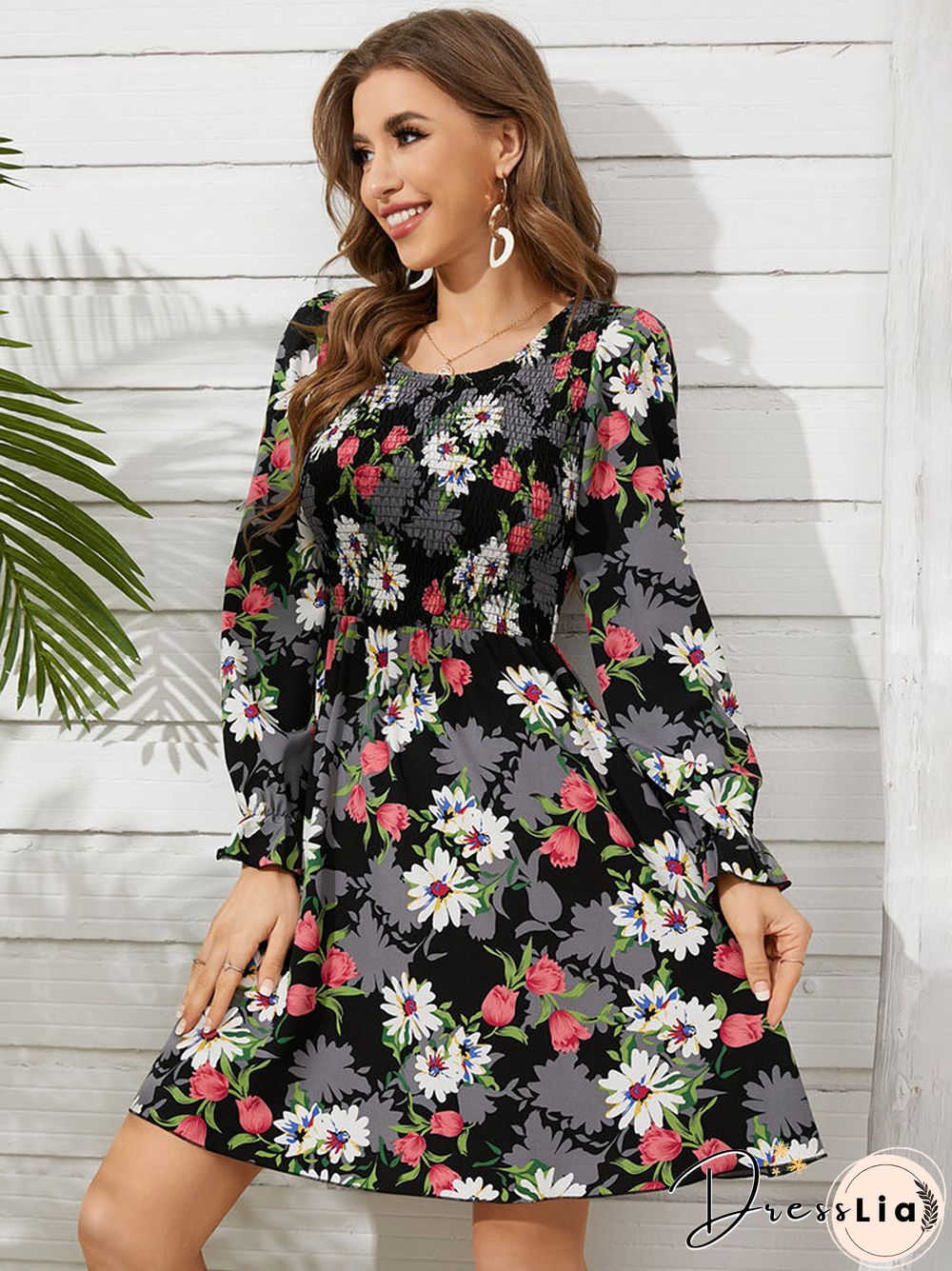 Flower Print Shirred Crew Neck Long Sleeve Dress