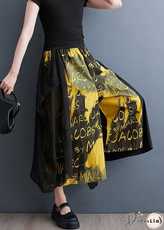 Plus Size Yellow Pockets Elastic Waist Cotton Crop Wide Leg Pants Summer