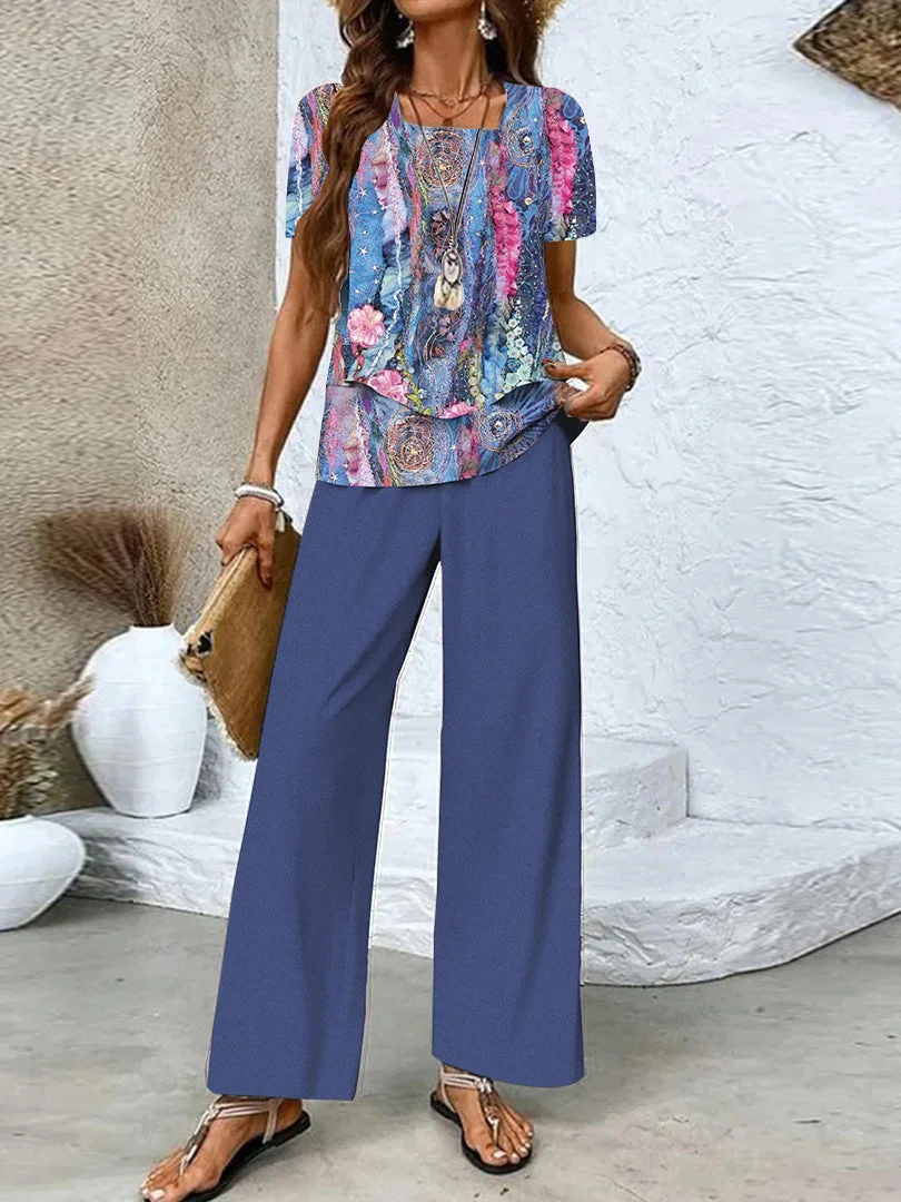 Women's Short Sleeve Square Collar Graphic Printed Casual Set