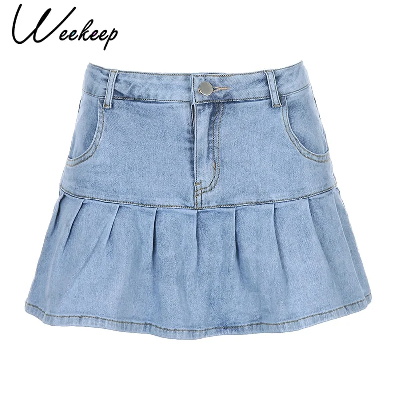 Weekeep Women Denim Skirts High Waisted Fashion Pleated Super Short Skirt Sexy Rave Party Club 4122