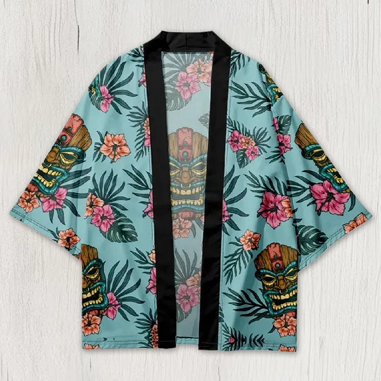 Simpfit Japanische Blumen- und Masken-Kimono-Strickjacke