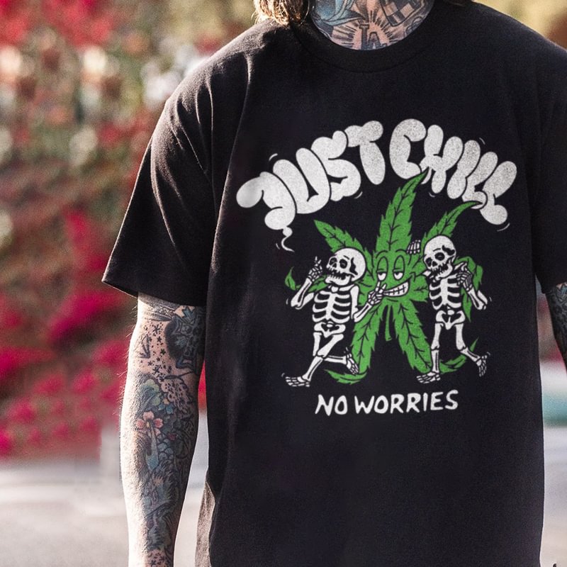 NO WORRIES letter skull print men's casual tees designer - Krazyskull