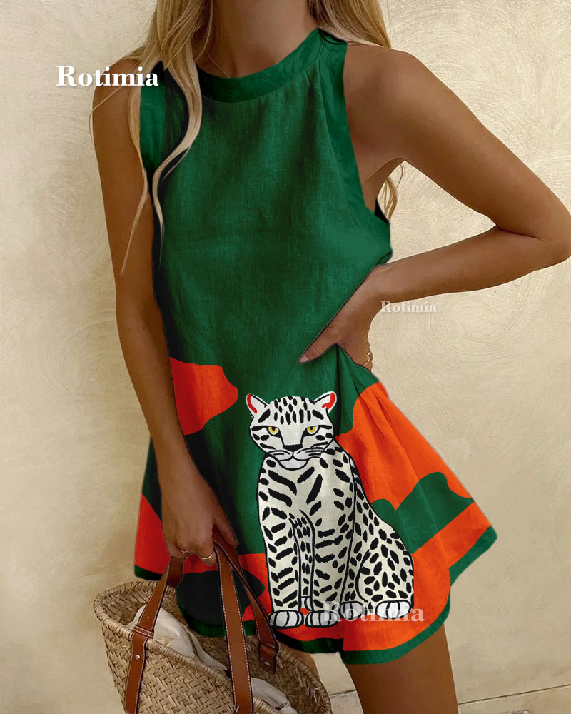 White Leopard Printed Sleeveless Dress