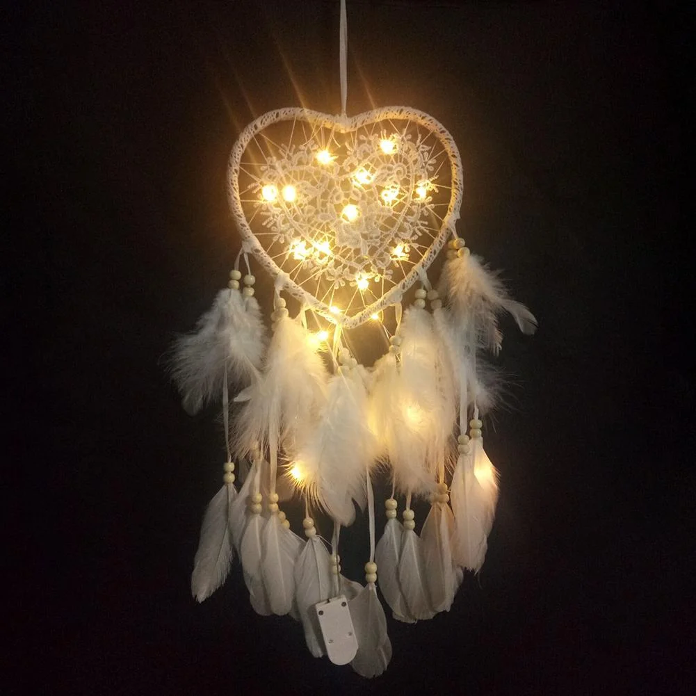 Heart Dream Catcher LED Light Feathers Wall Hanging Dreamcatcher (White)