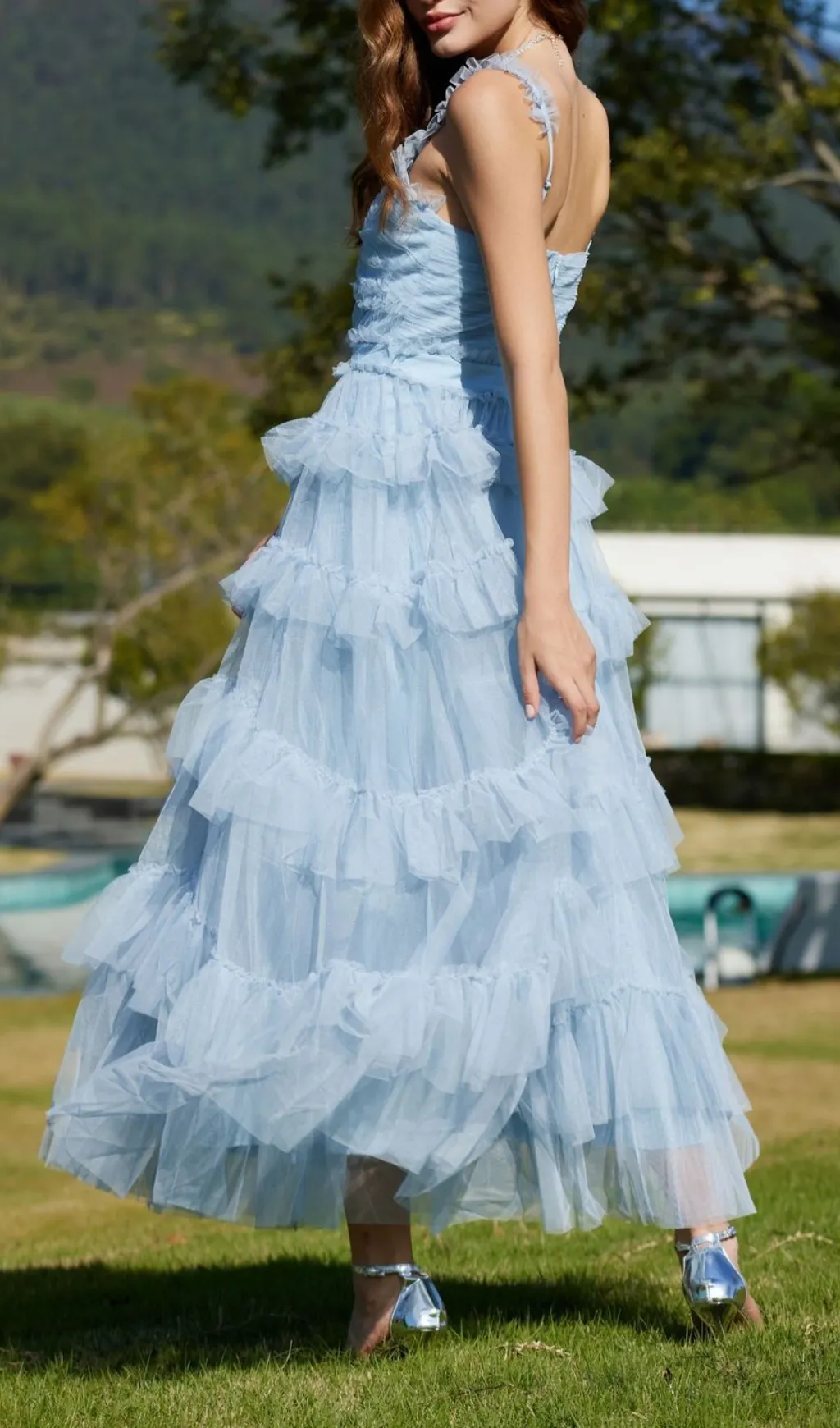 Fashionslee Women Blue Ruffle V Neck Sleeveless Tiered Tulle Maxi Dress Fashionslee Women Blue Ruffle V Neck Sleeveless Tiered Tulle Maxi Dress