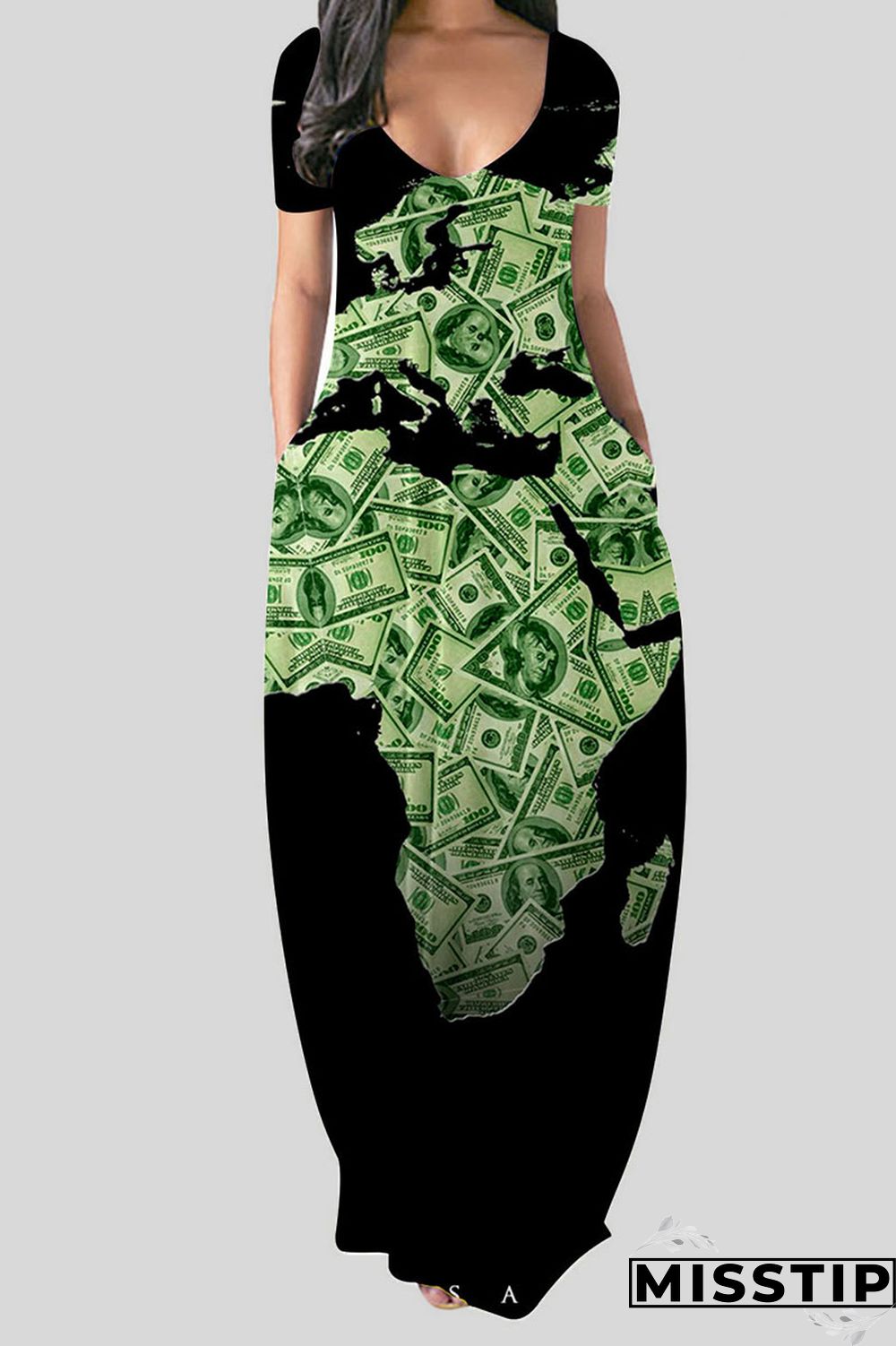 Black Casual Print Patchwork V Neck Straight Dresses