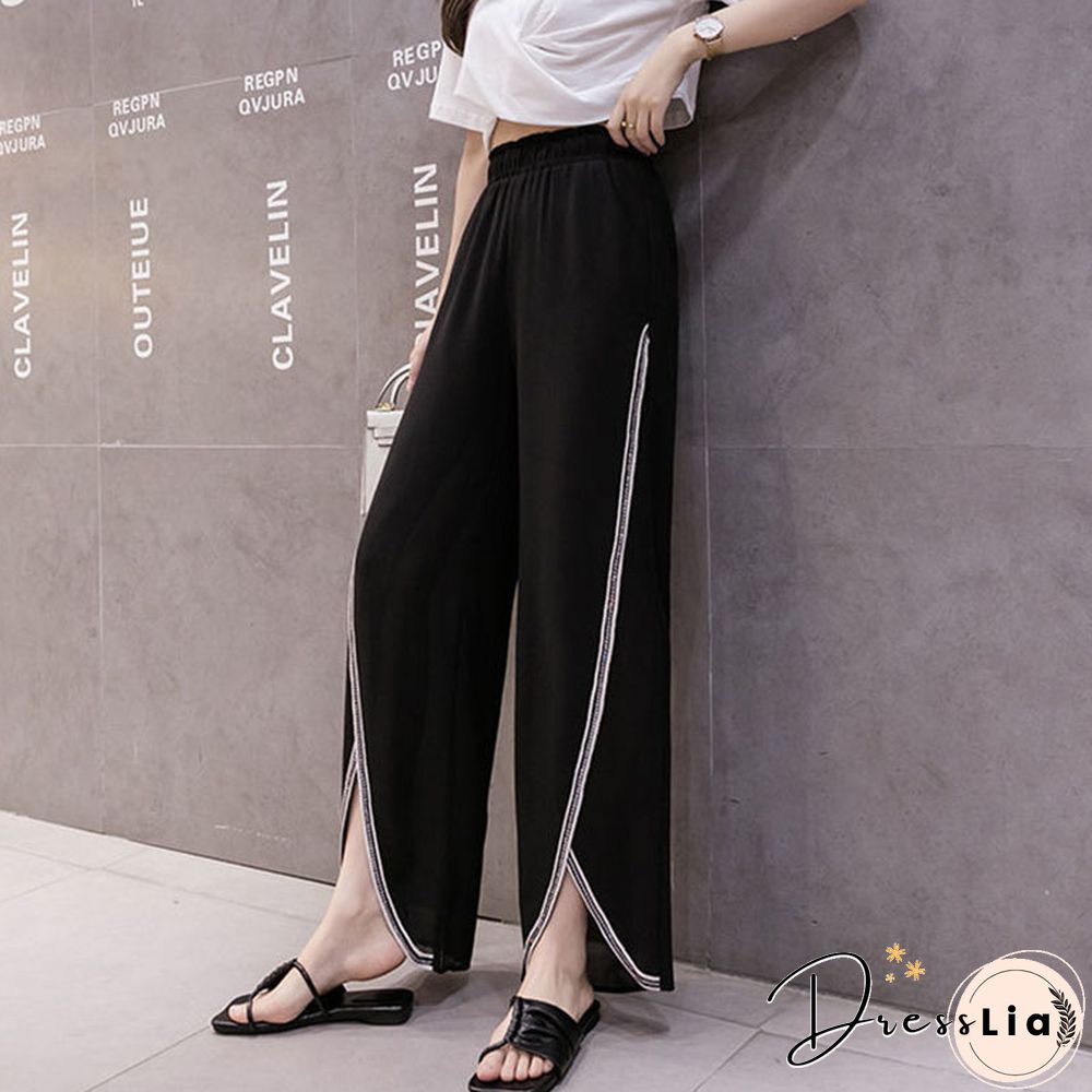 Fashion Chiffon Office Lady Split Wide Leg Pants Summer Women Loose Solid Casual Korean High Waist Elastic Y2k Pants New