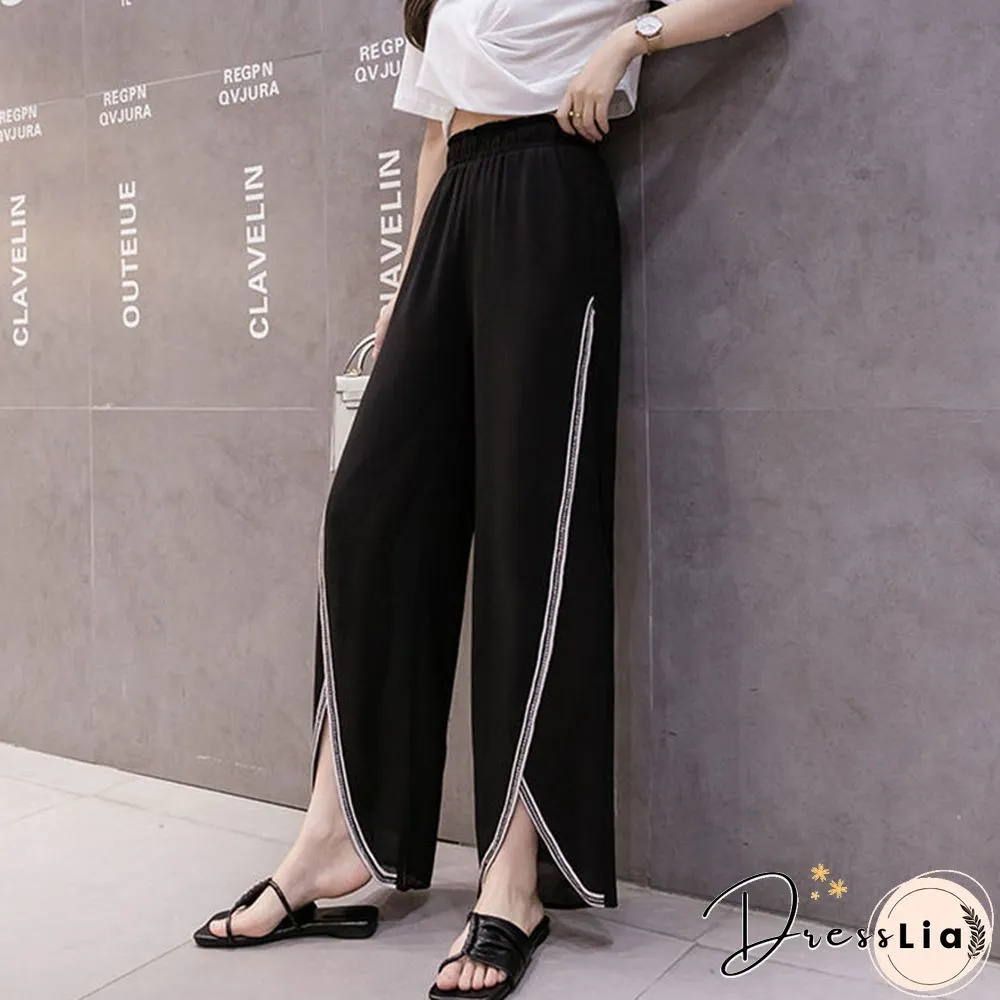 Fashion Chiffon Office Lady Split Wide Leg Pants Summer Women Loose Solid Casual Korean High Waist Elastic Y2k Pants New