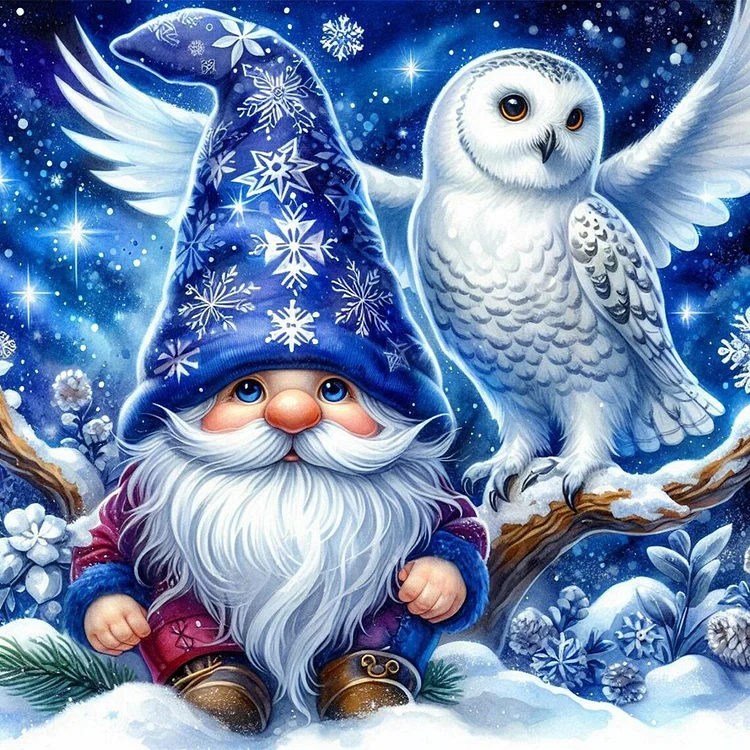 Blue Gnome And Double Feather Owl 40*40CM (Canvas) Full Round Drill Diamond Painting gbfke