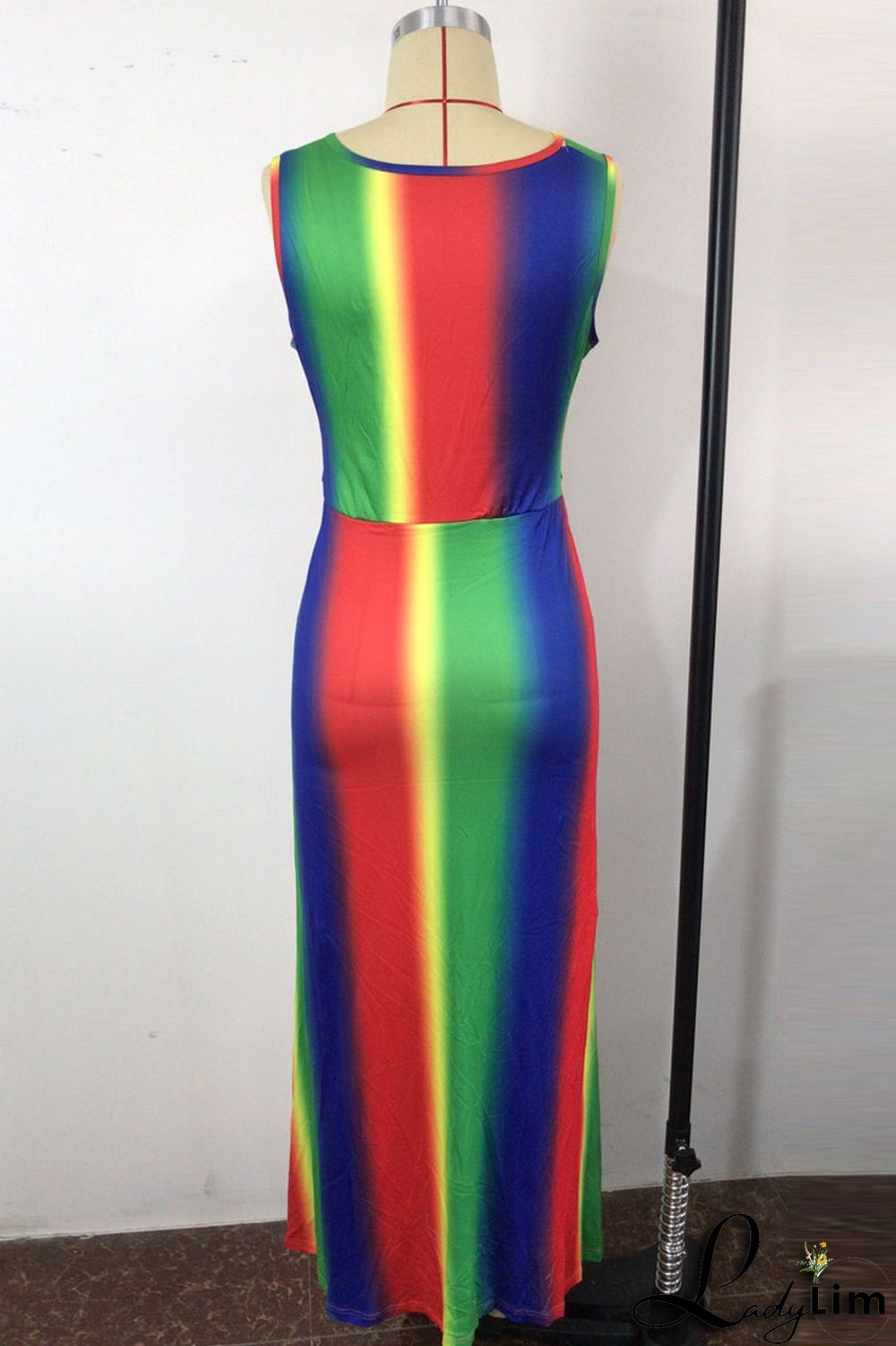 Colour Fashion Sexy Print Patchwork Slit V Neck Sleeveless Dress