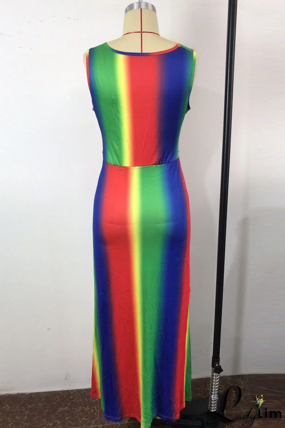 Colour Fashion Sexy Print Patchwork Slit V Neck Sleeveless Dress