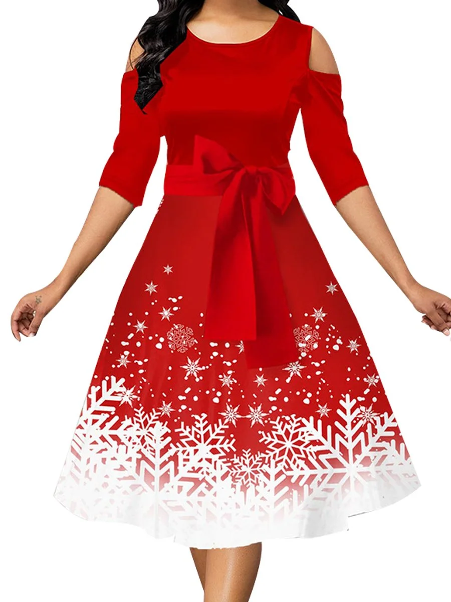 Christmas Red Dress Round Neck Off-shoulder Printed High-waisted Swing Dresses