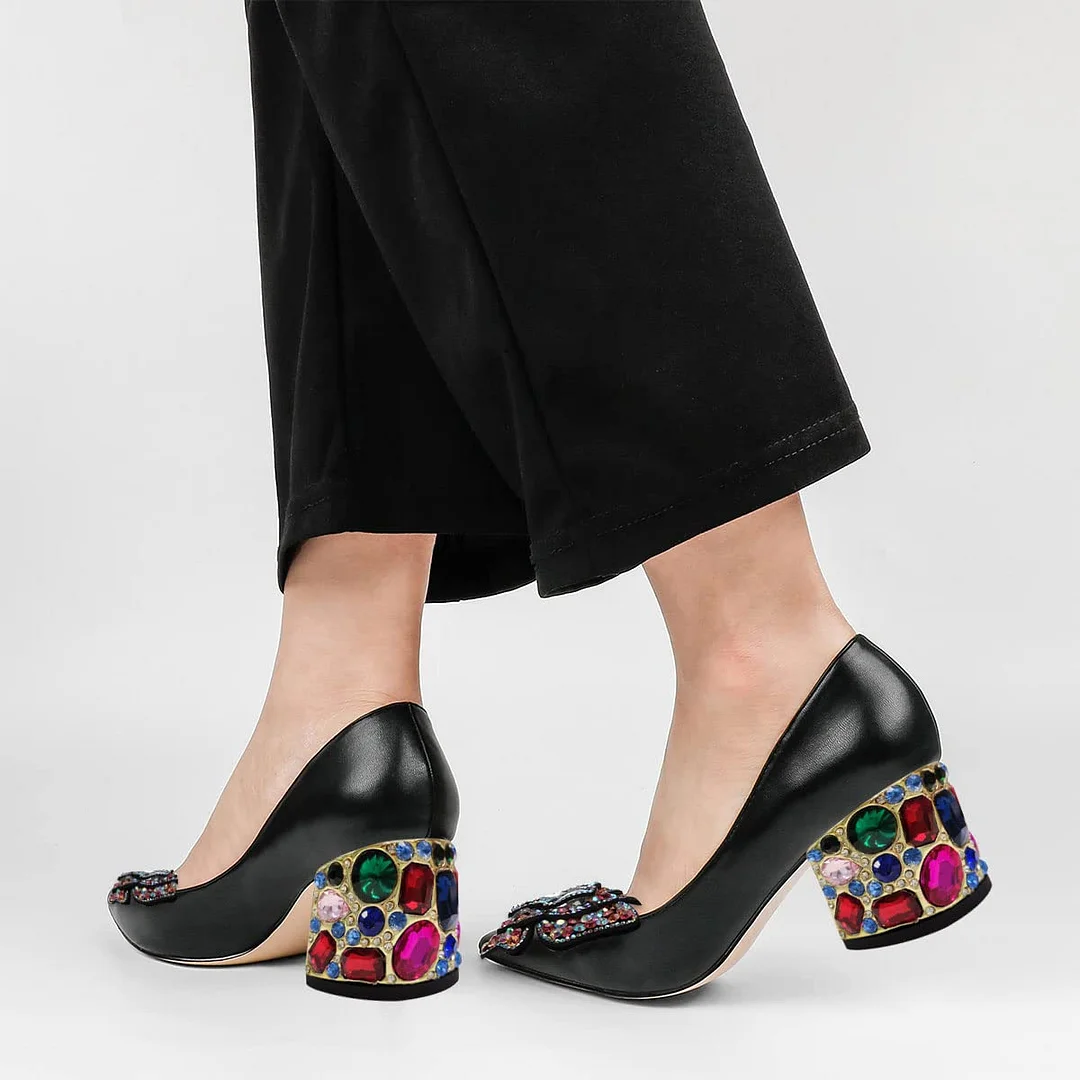 Vegan Leather Pointed Toe Rhinestone Butterfly Decorative Heel Pumps