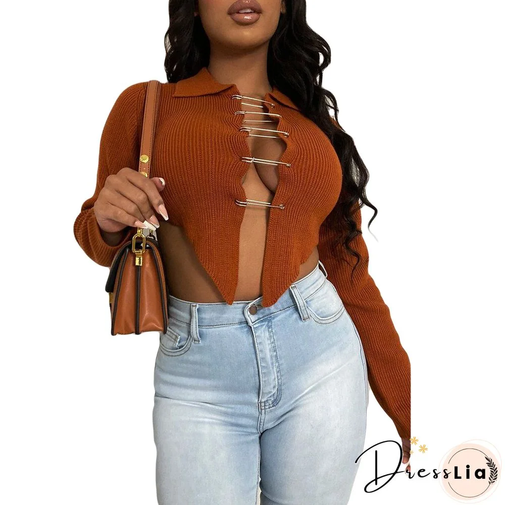 Ribbed Knitted Long Sleeve Pin Up Cardigan Crop Tops