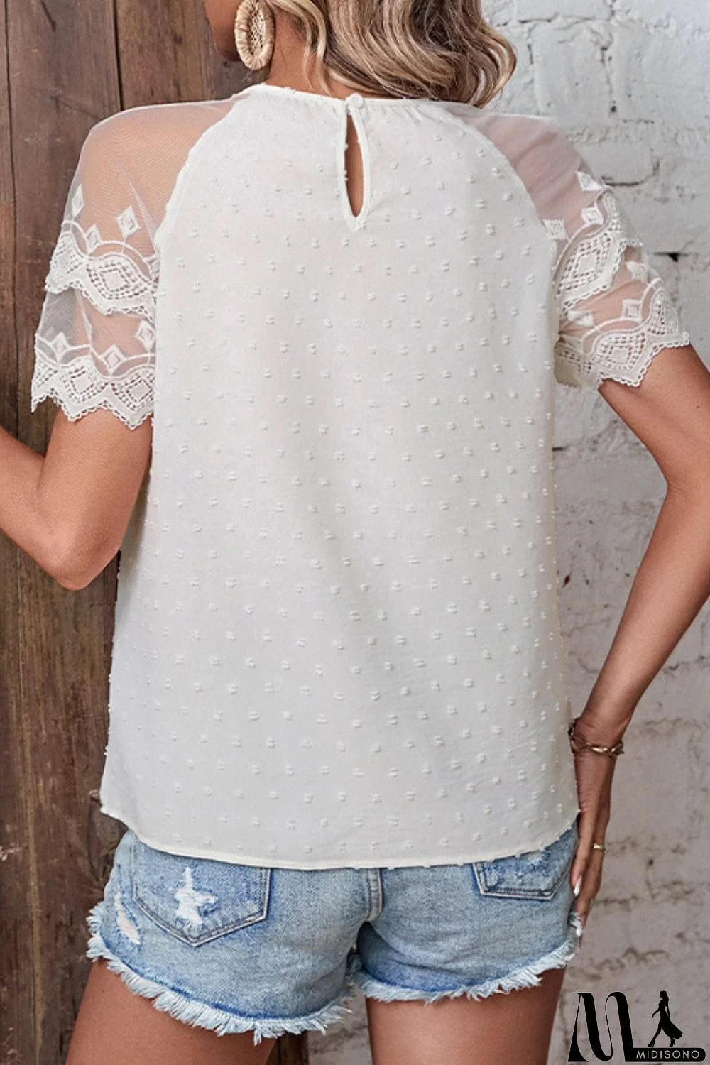 MidiSono - Swiss Dot Spliced Lace Round Neck Blouse