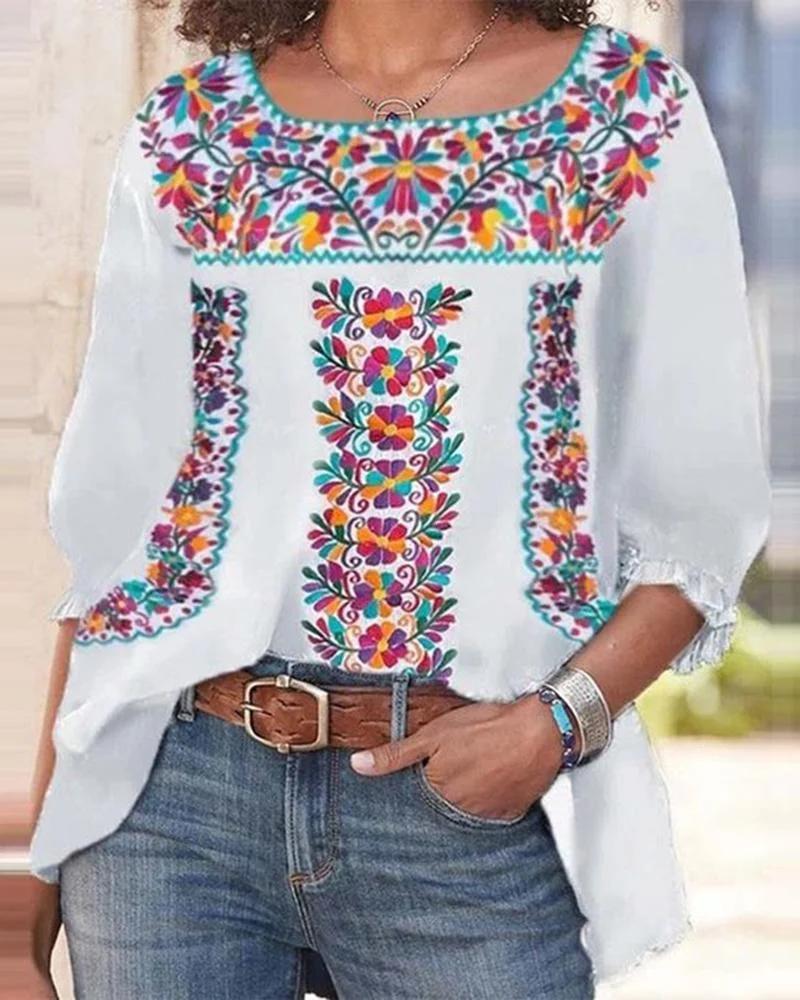 Women's Floral Print Ethnic Style Short Sleeve  T-Shirt-030906