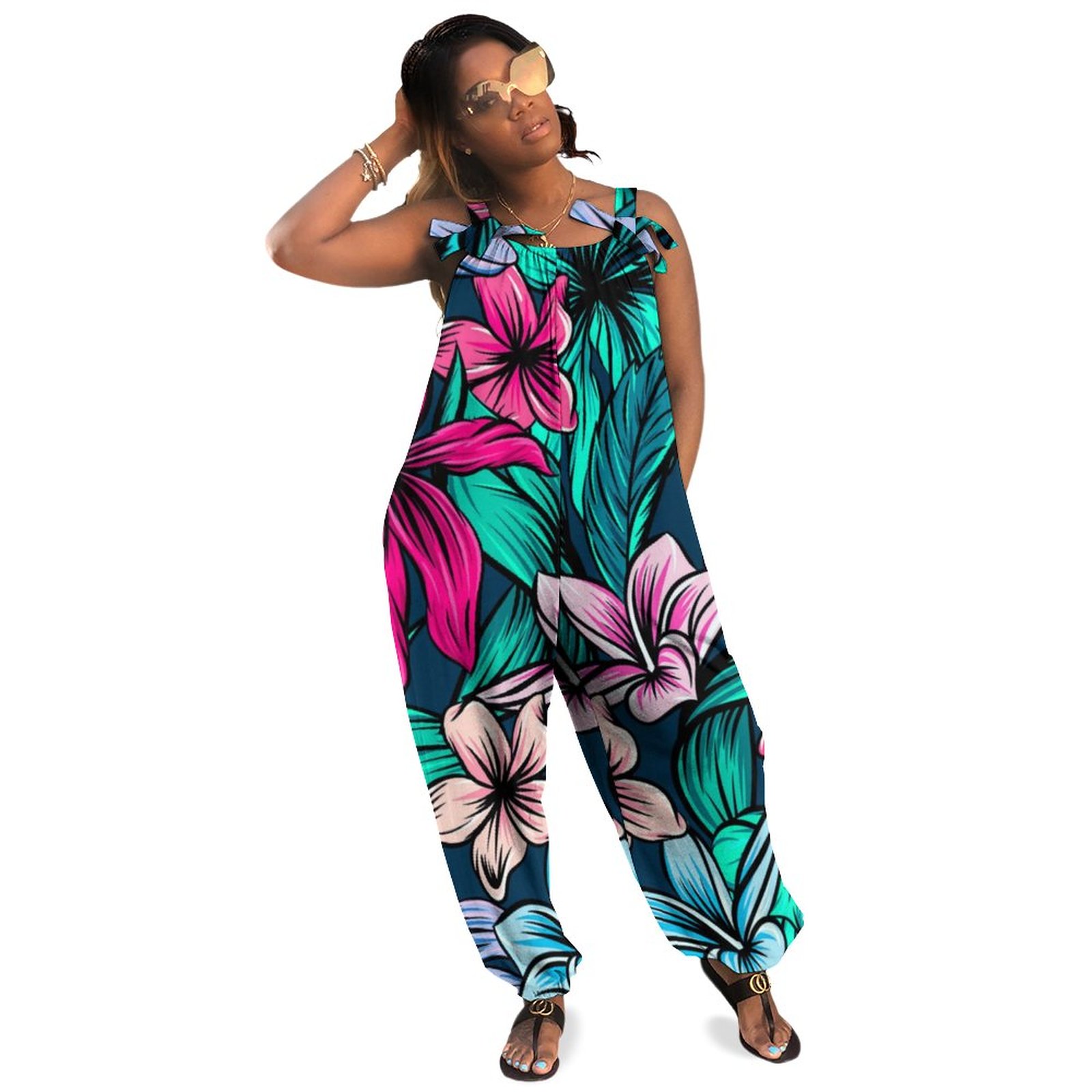 Elegant Vintage Tropical Flowers And Leaves Art Plus Size Jumpsuit Summer Loose Harem Pants Women Casual Boho Stylish Playsuit Long Length
