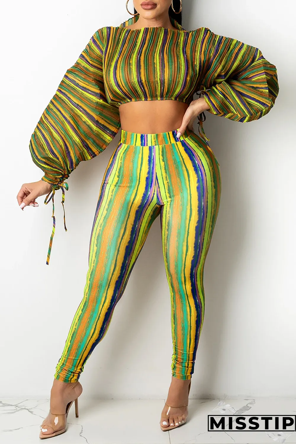 Lake Blue Sexy Striped Patchwork Half A Turtleneck Long Sleeve Two Pieces