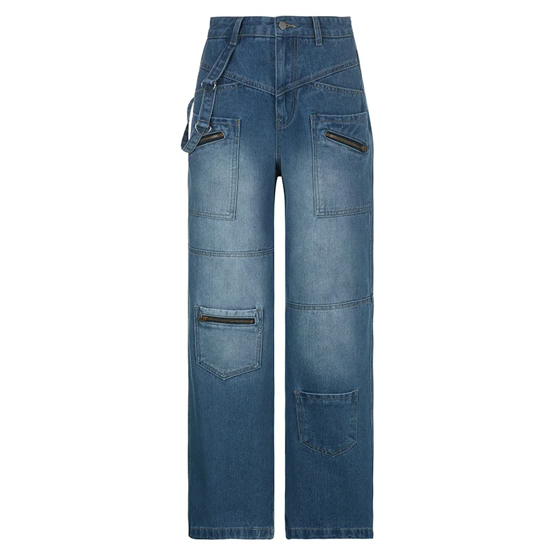 Women's Hiphop Denim Jeans Multi-pocket Zipper Old School Straight Long Trouser