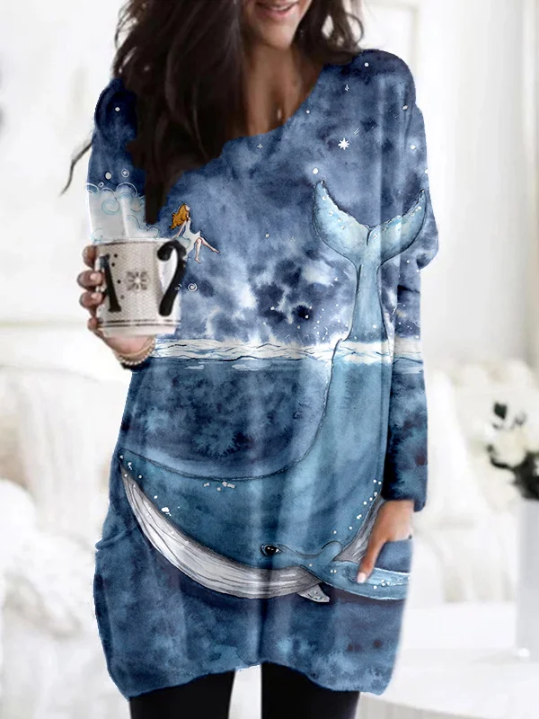 The Whale Art Painting Long Sleeve Casual Tunic