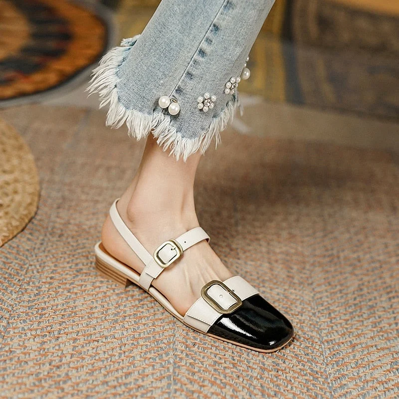 VSTACAM 2022 Retro Ladies Flats Elegant Metal Buckle Fashionable Female Sandals Square Toe Office Color-Stitching Women's Single Shoes