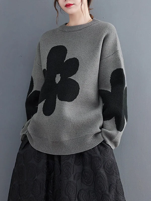 Casual Long Sleeves Loose Contrast Color Jacquard Round-Neck Pullovers