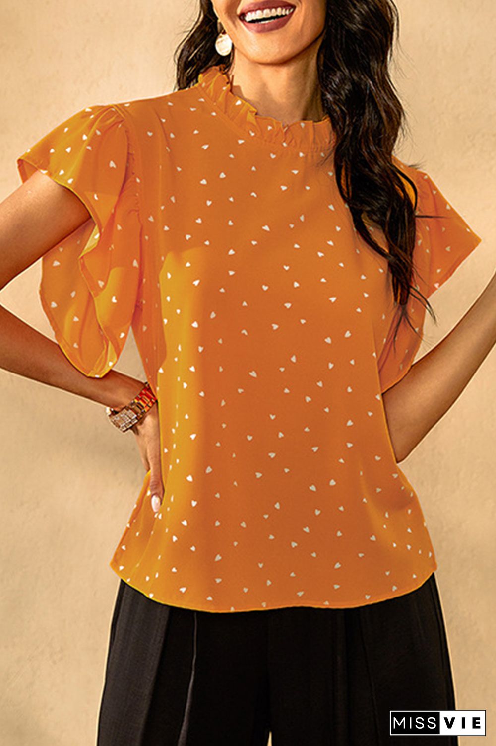 Elegant Dot Split Joint Flounce Mandarin Collar Tops