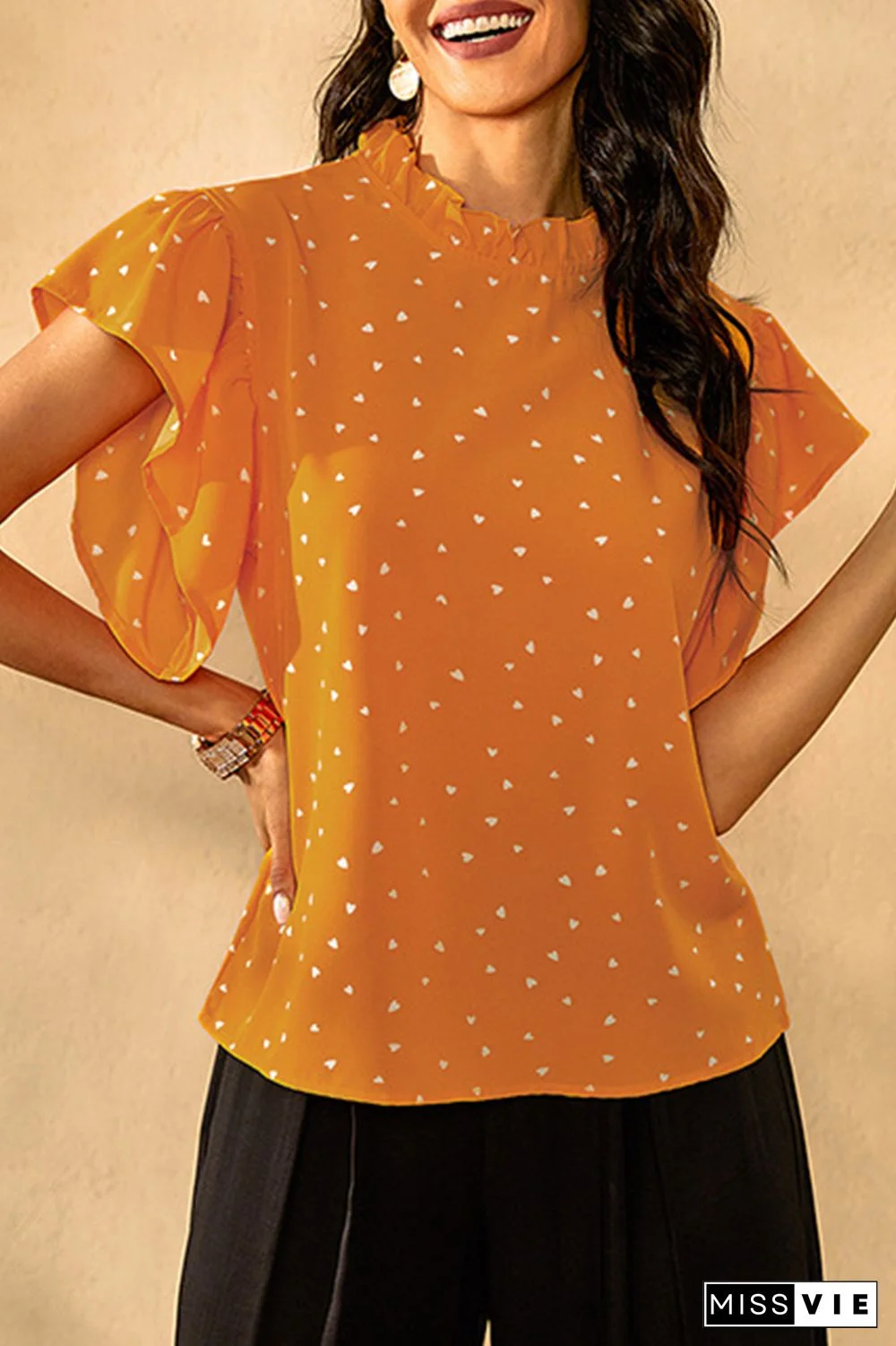 Elegant Dot Split Joint Flounce Mandarin Collar Tops