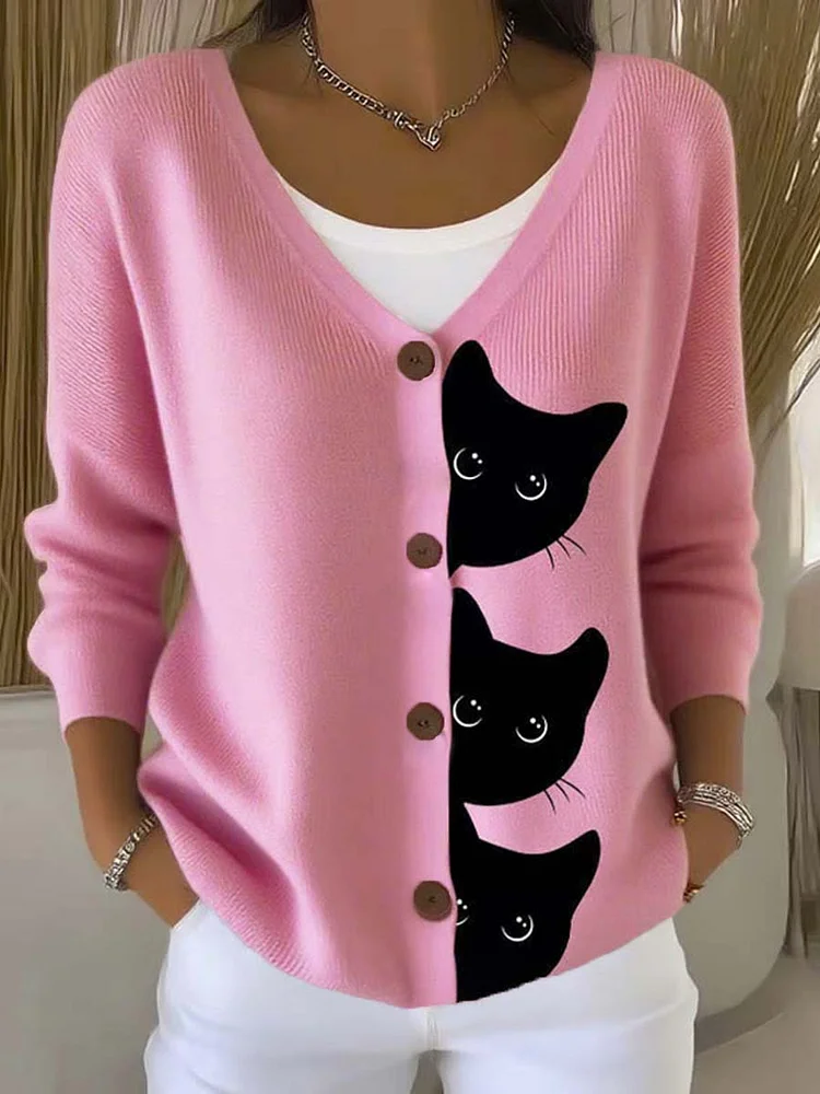Funny Cats Art Print Buttoned V-neck Cardigan Sweater
