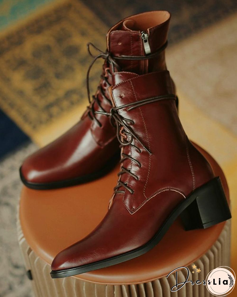 Pointed-toe Solid Color Lace-up Martin Boots
