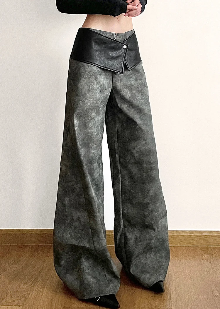Original Dark Gray High Waist Patchwork Faux Leather Pants Fall