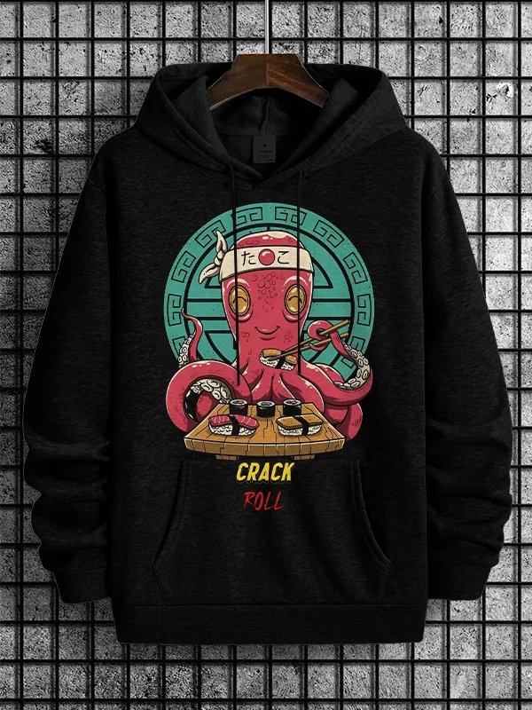 Men's Crack Roll Octopus Eating Sushi Print Casual Hoodie