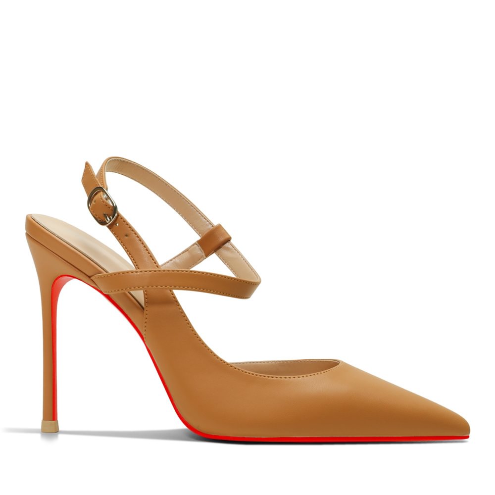 100mm Mid Heel Women Slingback Pumps Ankle Strap Jenlove Stiletto Close Pointed Toe Dress Red Bottoms Matte Glitter Shoes-MERUMOTE