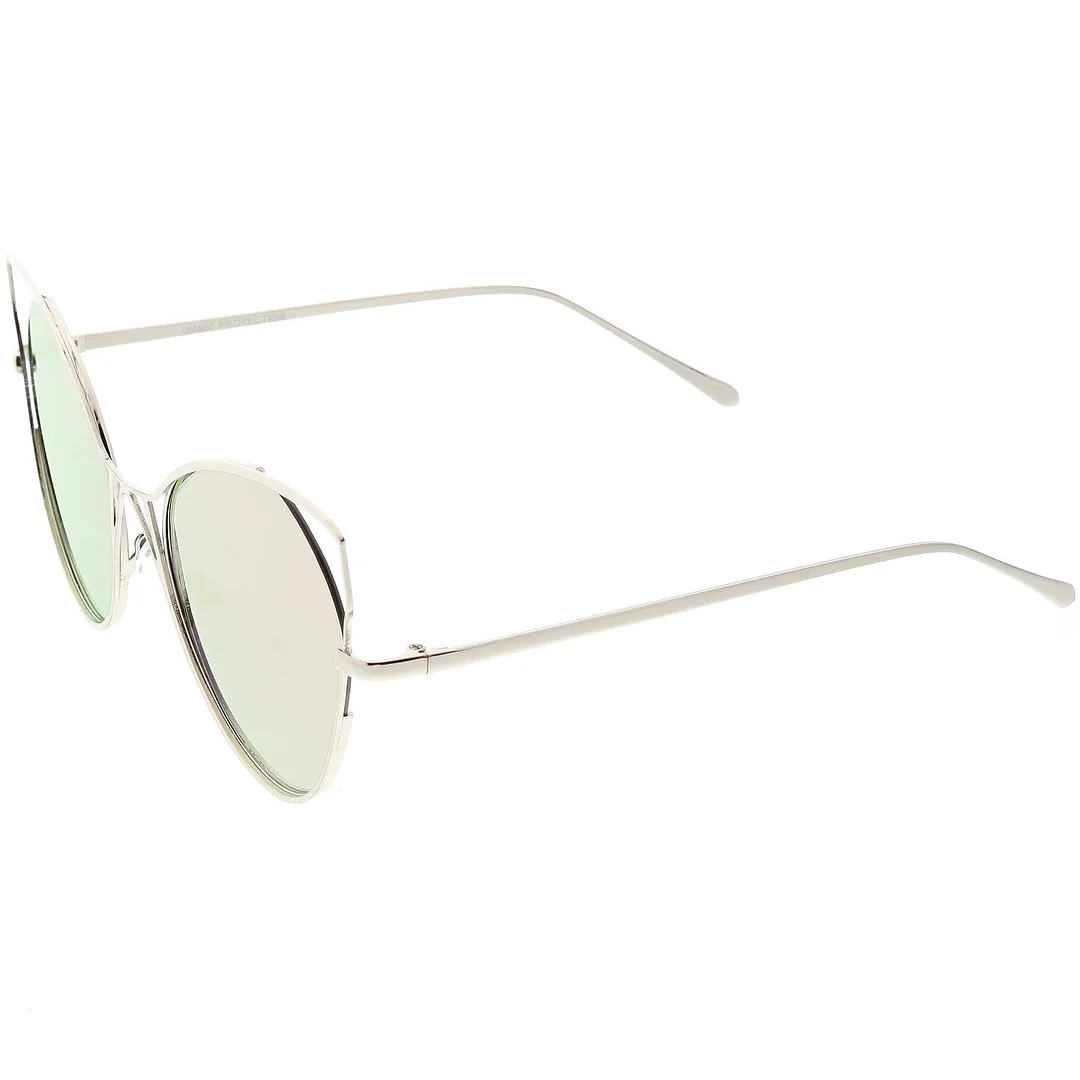 Oversize Cat Eye glasses Semi Rimless Metal Cut Out Mirrored Flat Lens 60mm
