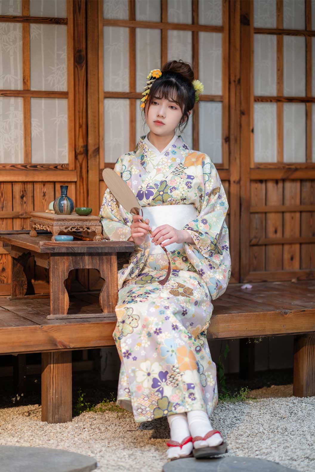Yukata Kimono Mint Green Floral Print Cute Girl Outfit with Floral Design - 成人の日 Stupa Stones