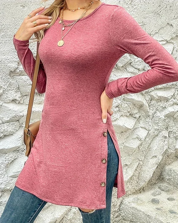 Casual Long Sleeve Slim Button Knit Slit Long Top