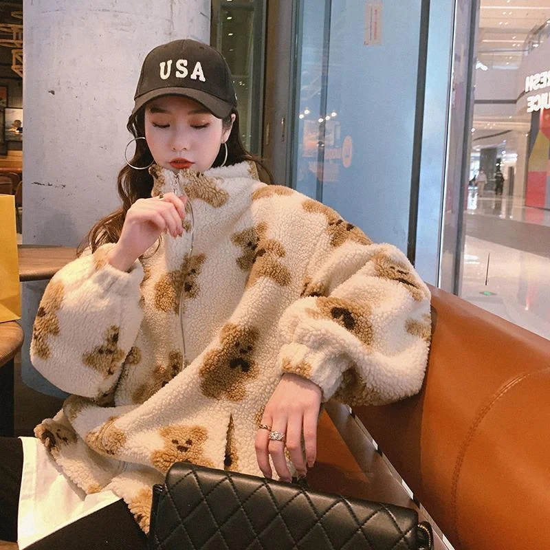 Cute Bear Women Hoodies Oversized Couple Chic Zip Up Sweatshirts Loose Thick Warm Fleece Coat Harajuku Casual Pullovers Clothes