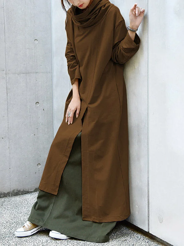 4.13Casual Solid Color Split-Side Heaps Collar Long Sleeves Midi Dress