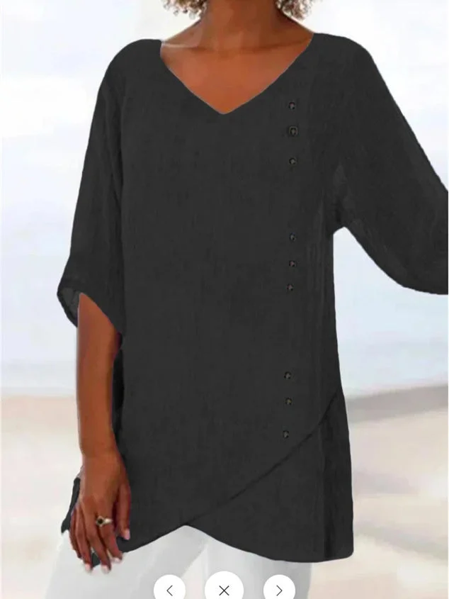 Women Asymmetrical Half Sleeve V-neck Solid Botton Tops