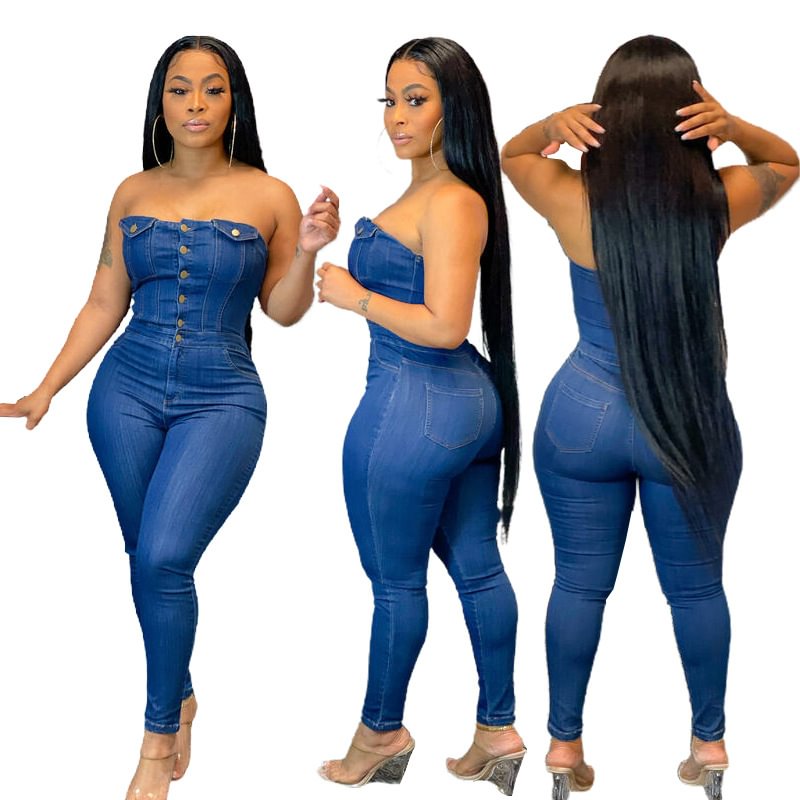 Casual Fashion Tube Women's Slim Denim Jumpsuit Jeans