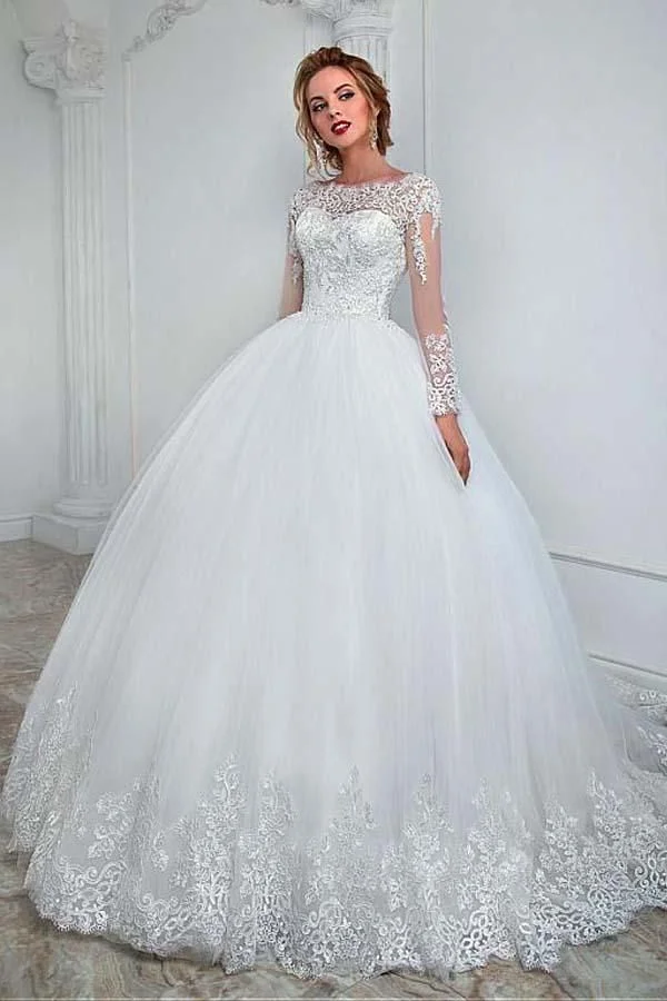 Luluslly Ball Gown Long Sleeves Jewel Wedding Dresses With Lace Appliques