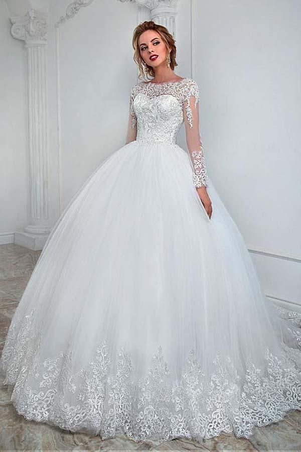 Bellasprom Elegant Ball Gown Long Sleeves Jewel Wedding Gown With Lace Appliques