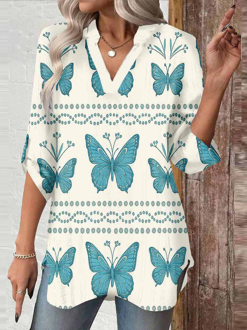 Women Butterfly, Blue DZGA0192 3/4 Sleeve V-neck Printed Graphic Button Tops